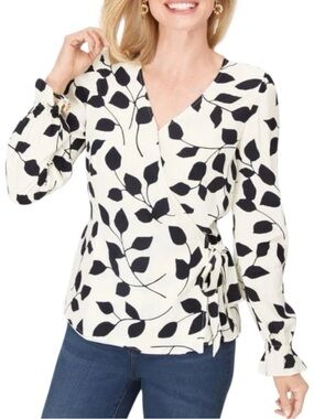 NWT Talbots Faux Wrap Crepe Blouse- Abstract Leaves, Large